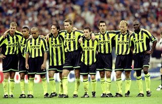 The Manchester City players line up during the penalty shoot-out during the Nationwide Division Two Play-Off Final match against Gillingham played at Wembley Stadium in London, England. The match finished in a 2-2 draw after extra-time andin the penalty shoot-out Manchester City won 3-1 and were promoted to Division One. \ Mandatory Credit: Alex Livesey /Allsport